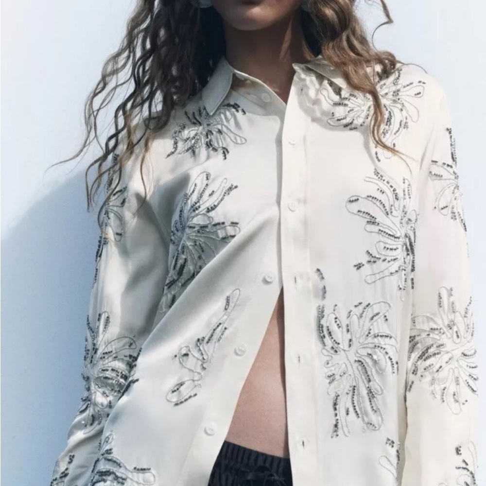 NWT $109 Zara Embroidered Beaded Shirt 2024 Summer ZW Collection Small ECRU